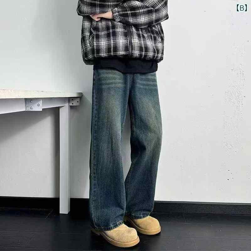 デニム メンズ 水洗い ワイドレッグ ストレートパンツ ジーパン ジーンズ ワークパンツ ブルージーンズ デニムパンツ ゆったり 中厚地 カジュアル アメカジ