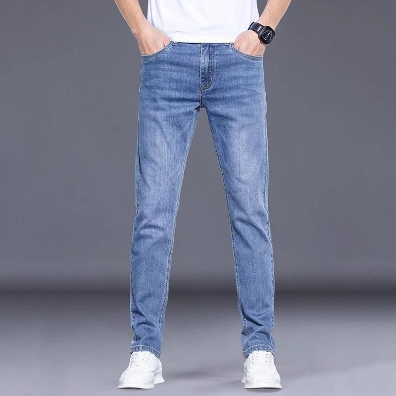 デニム メンズ ストレートジーンズ ロングパンツ ウォッシュ加工 薄手 春 スタイル ジーパン ズボン 高腰 ゆったり 大きいサイズ ブルー ライトブルー イン...