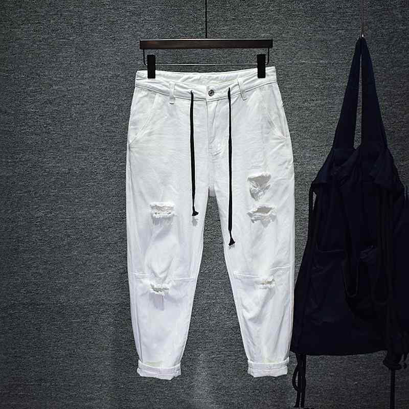 デニム メンズ ハーレムパンツ 9分丈 テーパードパンツ 黒 ダメージ加工 ウォッシュ加工 ゆったりサイズ カジュアルパンツ