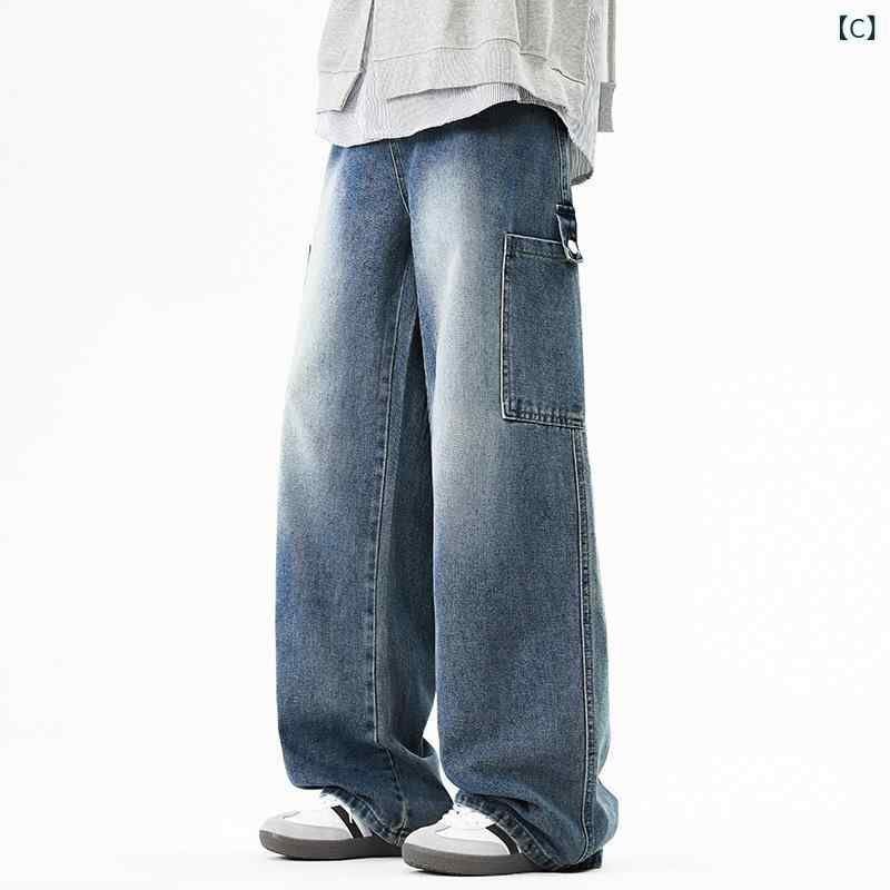 デニム メンズ ジーンズ ワイド ストレート ヴィンテージ加工 ウォッシュ加工 カジュアルパンツ ジーパ..