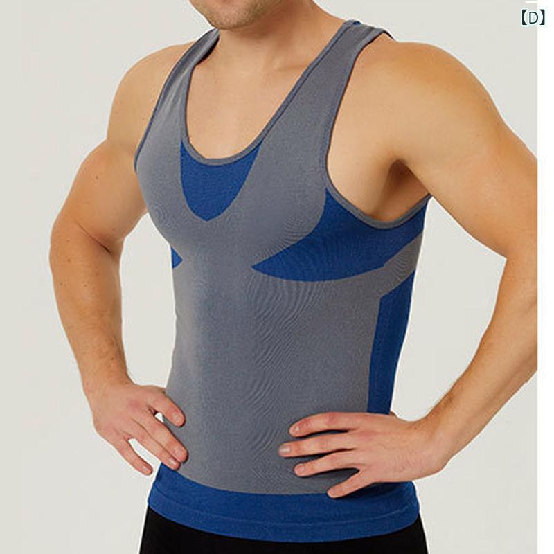 メンズ インナー 男性用 補正下着 シームレス リブ編み ボディシェイパー ウエストニッパー タンクトップ 薄手 ブラック ブルー 黒 グレー 青