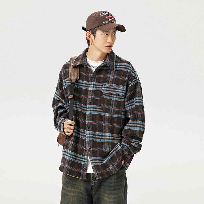 シャツ メンズ 男性用 レトロ 配色 格子柄 長袖 ネルシャツ 襟付き パッチポケット ルーズフィット ポリエステル 綿混紡 春秋 カジュアル(4)