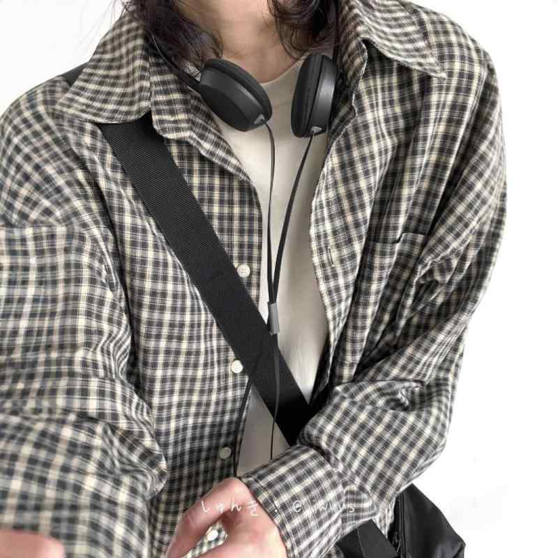 シャツ メンズ 男性用 長袖 チェック柄 レトロ ポリエステル 古着スタイル リラックスフィット スプリングコート ブラック カーキ