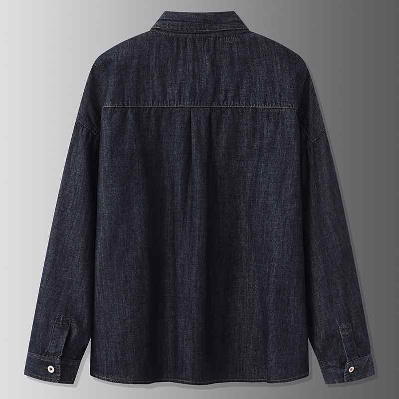 シャツ 男性用 大きいサイズ 長袖 デニム コットンブレンド ゆったり 立襟 スナップボタン 留め 春秋 普段使い ブルー系