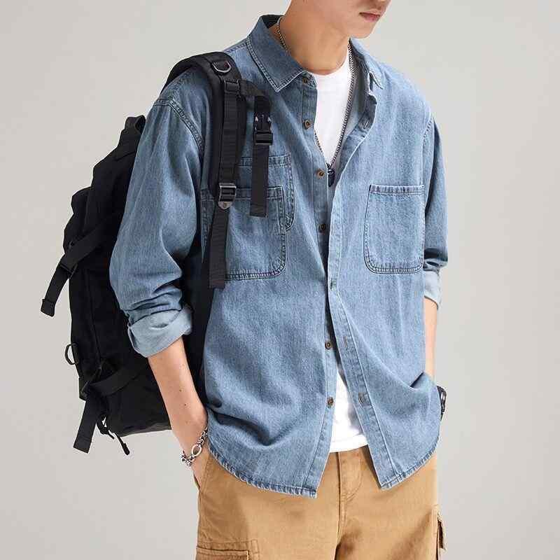 シャツ メンズ デニム 長袖 無地 切り替え ライトブルー ダークブルー 春秋 カジュアル