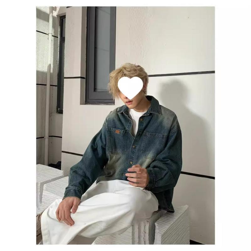 シャツ メンズ デニム 長袖 ウォッシュド加工 復古 レトロ ライトアウター 接触冷感 伸縮性 ブルー ブラック