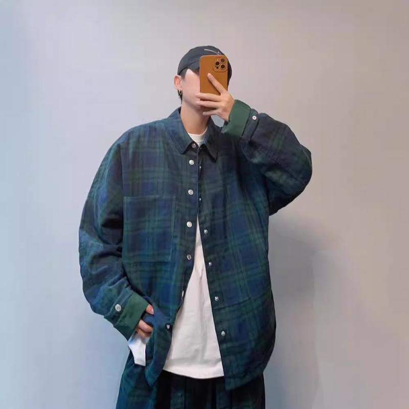 シャツ メンズ オーバーサイズ タータンチェック柄 長袖 カジュアル スプリングコート風 トップス レトロ ポリエステル混紡 ゆったりシルエット