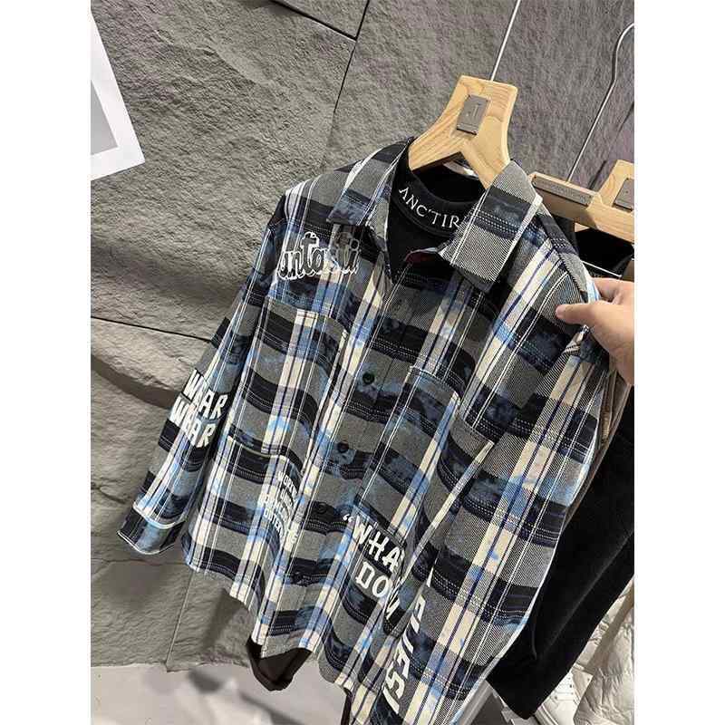 シャツ メンズ 男性用 長袖 格子柄 ポリエステル 51% 通勤 普段使い 宽松 阔版 ブルー M L XL 2XL 3XL