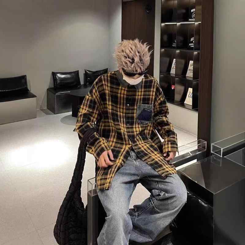 シャツ メンズ 春秋 古着風 ゆったり デニム切り替え 格子柄 コットン ポリエステル イエロー 黄色系