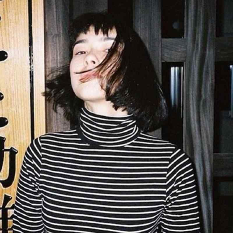 Tシャツ レディース メンズ ボーダー柄 ハイネック 長袖 トップス スリムフィット ゆったり 風 韓国 春秋 ストリート カジュアル(x2)