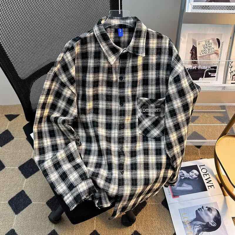 シャツ メンズ アメリカン 豪華 暈染 格子柄 ネルシャツ 長袖 トップス スプリングコート ライトアウター ゆったり ポリエステル ブラック系