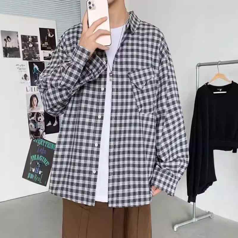 シャツ メンズ 長袖 黒白格子柄 カジュアルシャツ ゆったり 羽織り ポリエステル 普段使い スプリングコート