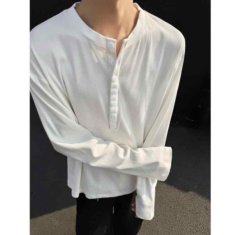 Tシャツ メンズ ヘンリーネック 長袖 リブ編み 無地 薄手 ルーズフィット 麻混紡 カジュアル トップス ..