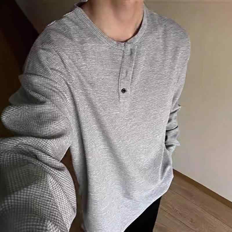 Tシャツ メンズ ヘンリーネック 長袖 春秋 美式 レトロ ワッフル 織 ルーズ ゆったり 無地 ポリエステ..