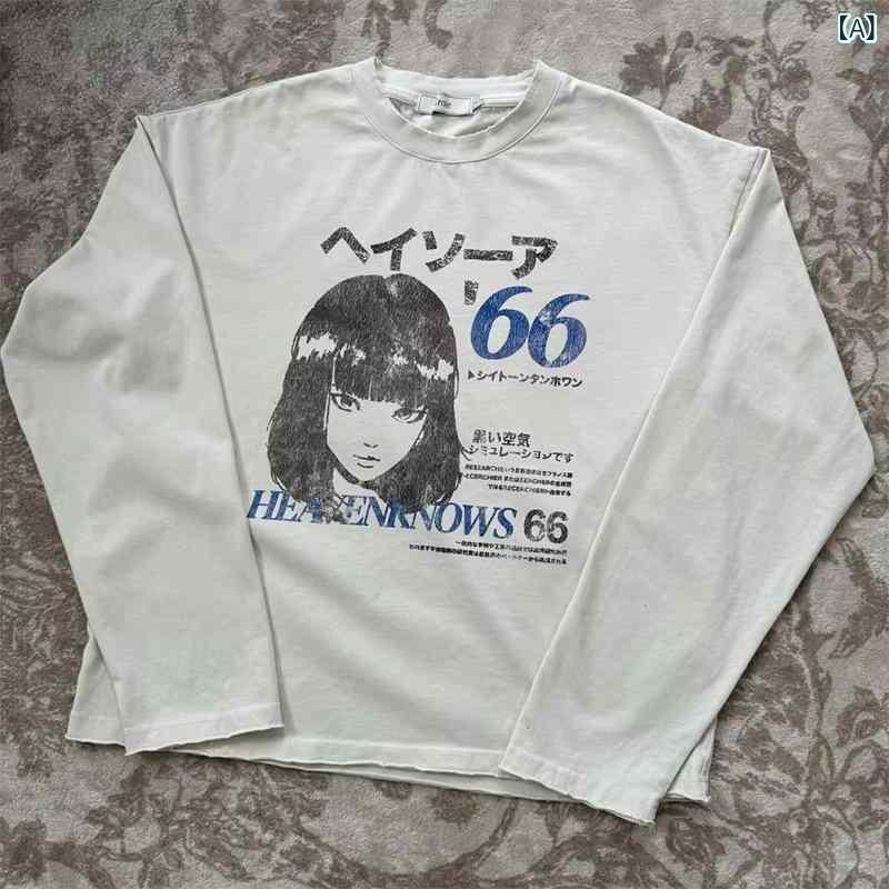 Tシャツ メンズ 男性用 アメリカンレトロ オーバーサイズ 渋谷ガール プリント 長袖 綿混紡 白 ホワイト カットソー トップス カジュアル