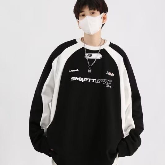 スウェット メンズ アメリカンレトロ 配色レーシング 長袖トップス プルオーバー スタンドカラー ポリ..