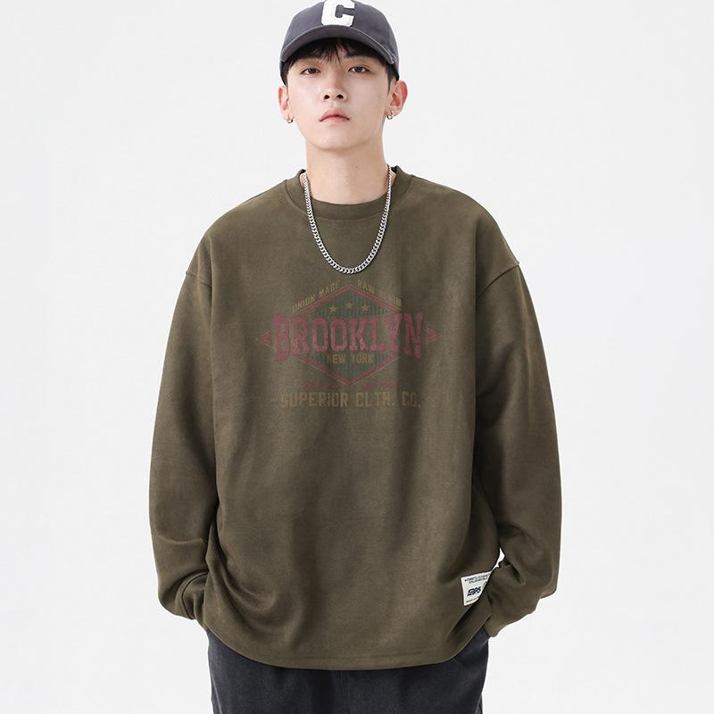 スウェット メンズ 男性用 トップス プルオーバー 鹿の子 スエード調 ヴィンテージ風 長袖 カットソー トレーナー コーヒー色 墨黒