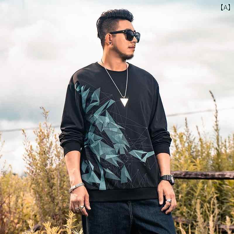 スウェット 男性用 秋冬 大码 プリント柄 長袖 コットン混紡 ゆったりシルエット 黒 2XL 3XL 4XL 5XL 6XL 7XL