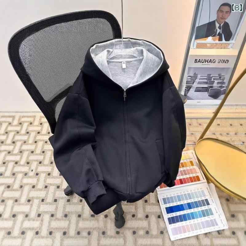 パーカー メンズ 男性用 ダブルジップ フーディ 秋冬 厚手 暖かい ポリエステル ゆったり 無地 グレー ..