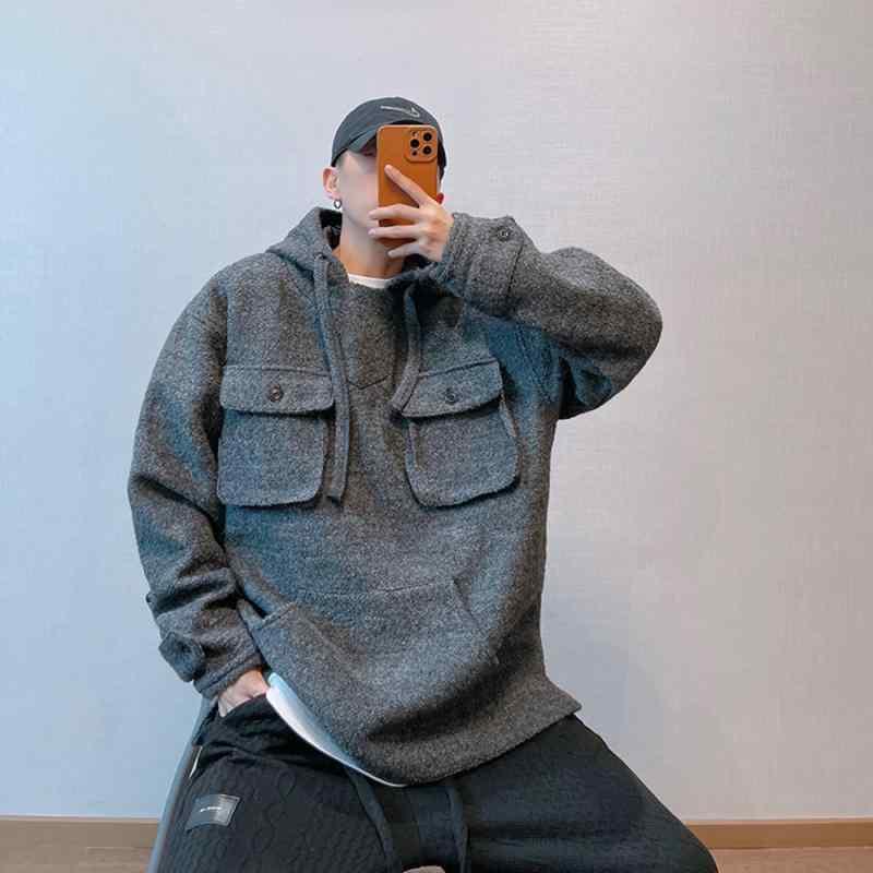 パーカー メンズ 春秋 加厚 スウェット プルオーバー フード付き オーバーサイズ ゆったり 無地 ドロップショルダー 長袖 トップス 普段使い デイリーウェア ポリエステル 深グレー