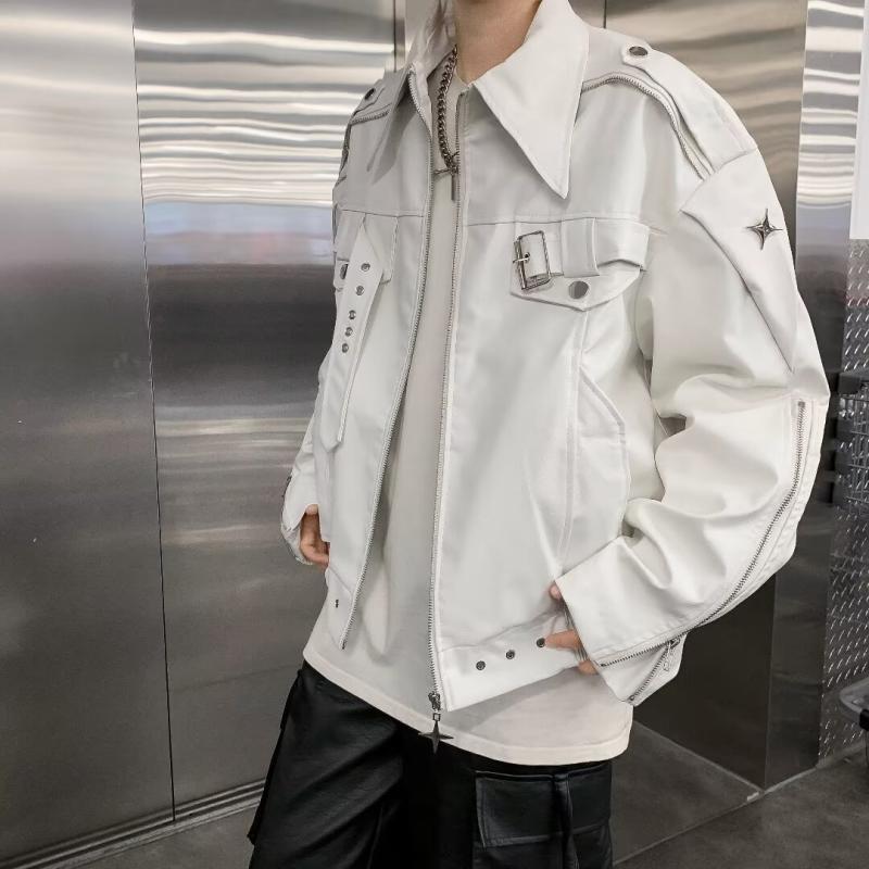 ジャケット メンズ レザージャケット 春秋 バイクウェア ライダースジャケット ショート丈 白 黒 耐摩耗性 防風 襟付き ルーズフィット