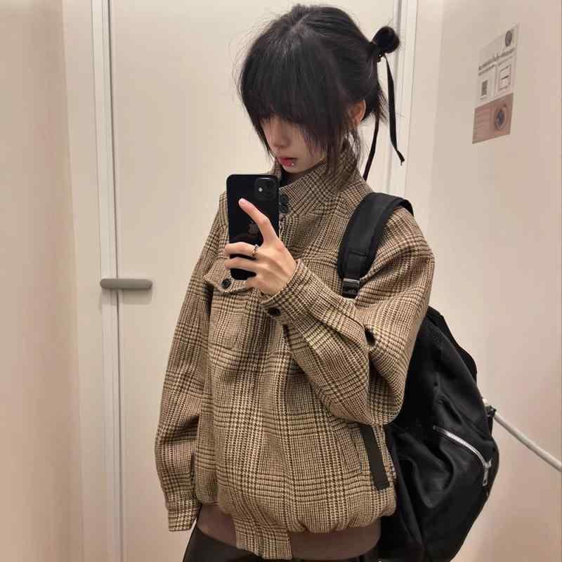 ジャケット メンズ ハリントンジャケット ウール 千鳥格子柄 スタンドカラー ショート丈 アウター 秋冬 普段使い カフェ色