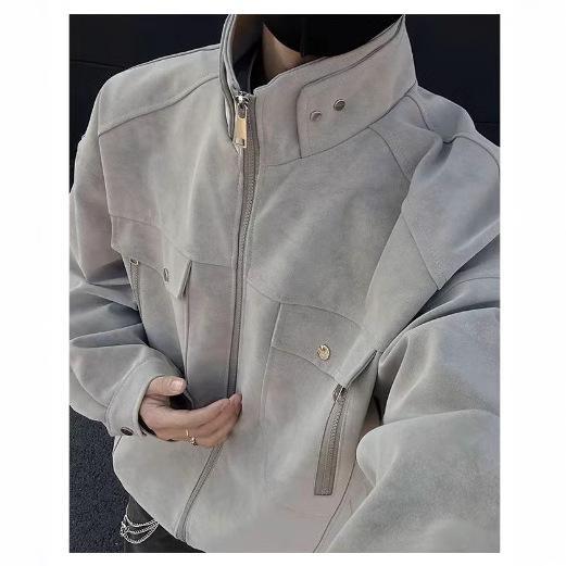 ジャケット 男性用 立襟 グレー 黒 フェイクレザー ブルゾン ジャンパー アウター 18-24歳 ポリエステル 春秋冬