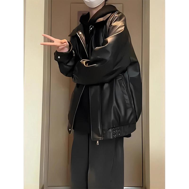 レザージャケット メンズ 男性用 春秋 ブルゾン ジャンパー アウター 黒 ブラック ゆったり ショート丈 バイク カジュアル