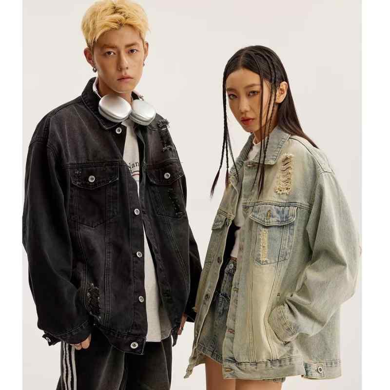 ジャケット メンズ デニム 春秋 ブルゾン ダメージ加工 ウォッシュ加工 レトロ 古着風 ゆったり ルーズ 10代 20代 ブルー ブラック