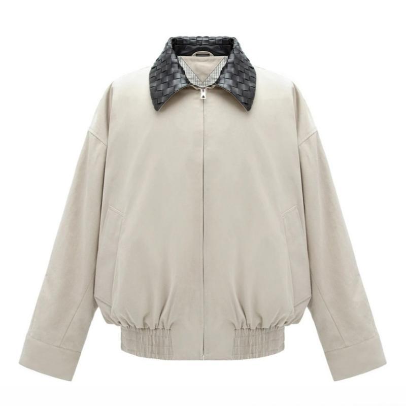 ジャケット メンズ 春秋 ブルゾン ハリントンジャケット風 重厚感 フェイクレザー襟 織り柄 無地 襟付き ジップアップ ライトアウター ゆったりシルエット ドロップショルダー