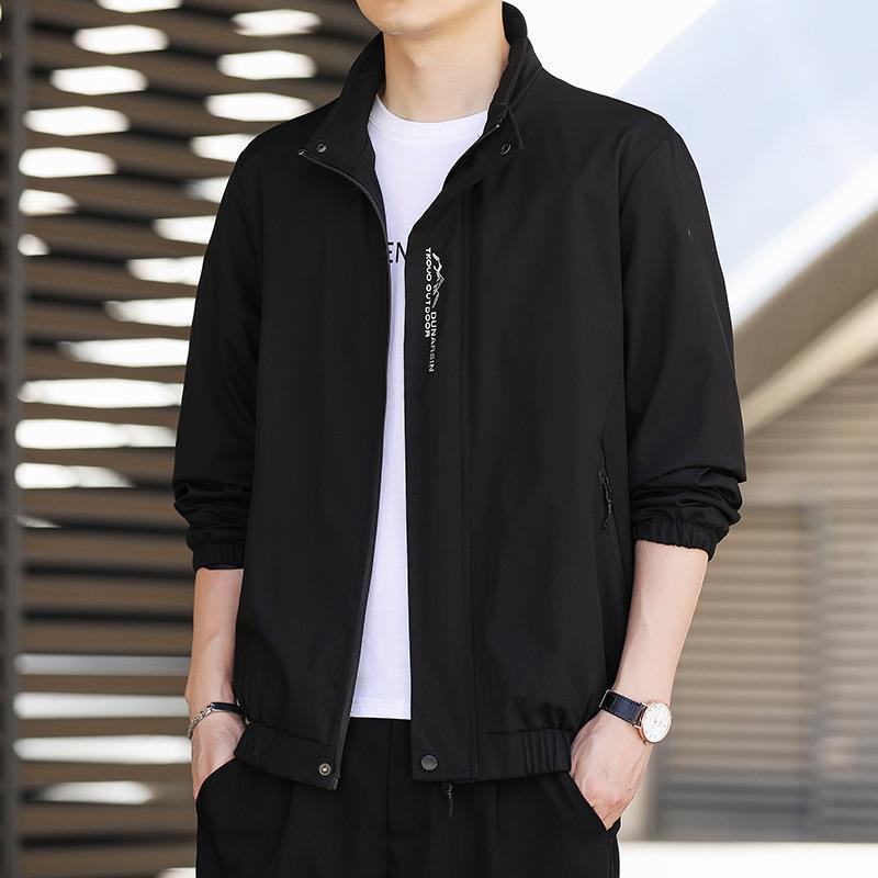 ジャケット メンズ 男性用 ブルゾン スタンドカラー ライトアウター スタイリッシュ カジュアル 春秋 薄手 無地 黒 緑 グレー(4)