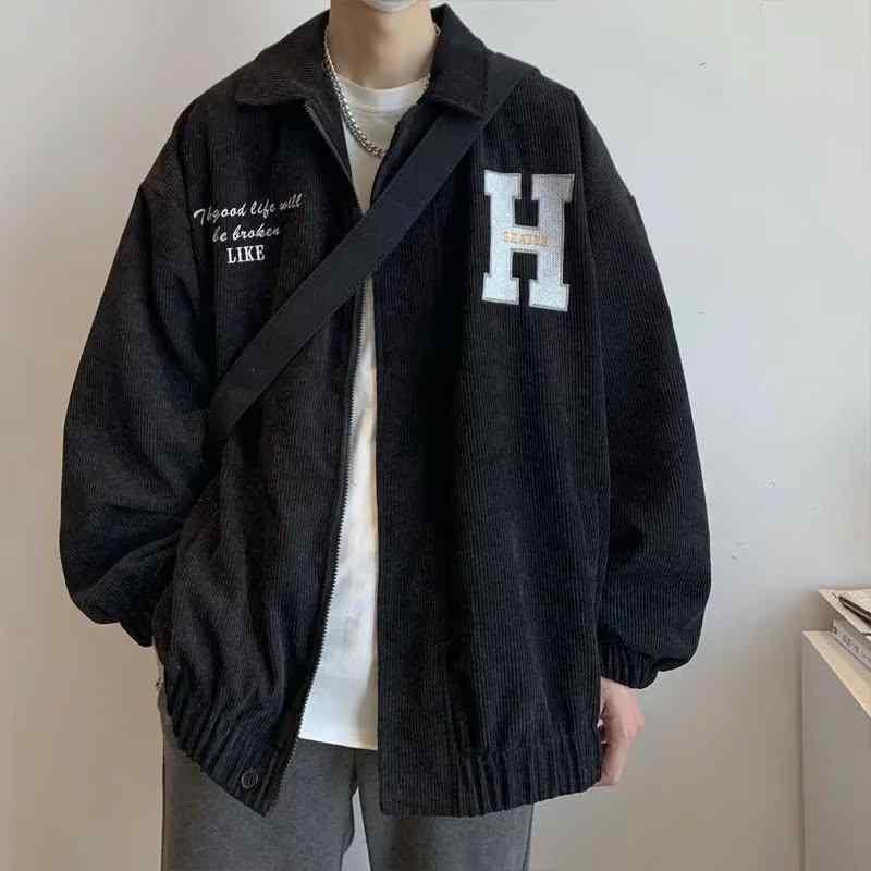 ジャケット 男性用 コーデュロイ アウター 春秋物 レトロ カジュアル ゆったり 羽織り 黒 グレー カーキ