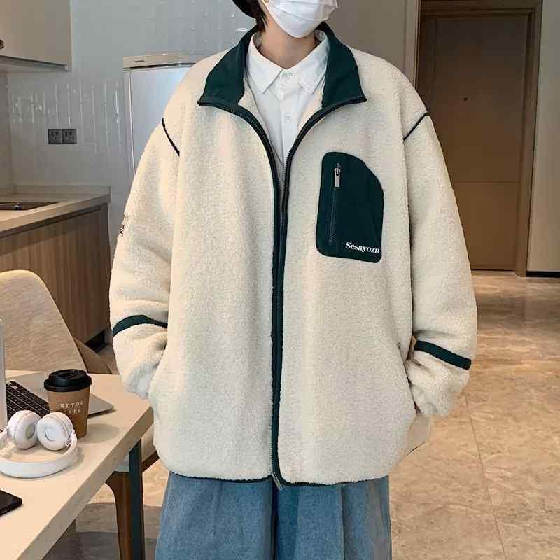 ジャケット 男性用 ボア 防寒 暖かい 配色 ポリエステル繊維 カジュアル 立襟 アウター 長袖 秋冬 ホワイト