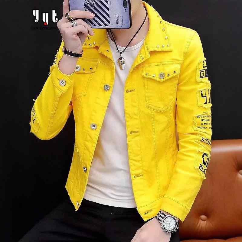 デニムジャケット メンズ スリムフィット 長袖 春秋 カジュアル トップス 配色 ホワイト ブラック レッド イエロー ブルー デイリー