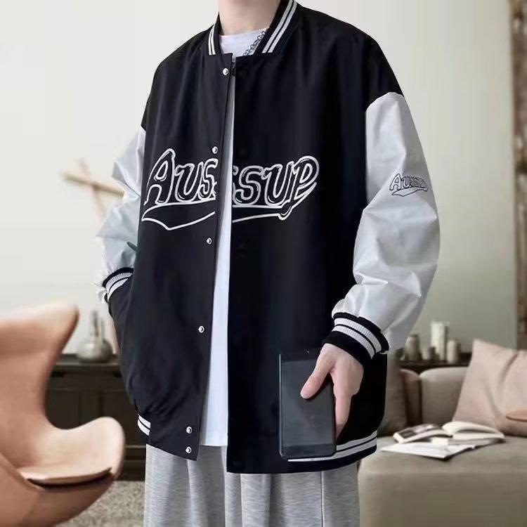 ジャケット メンズ 春秋 ブルゾン ゆったり スタジャン風 ジャンパー アウター スポーティ カジュアル 黒 白