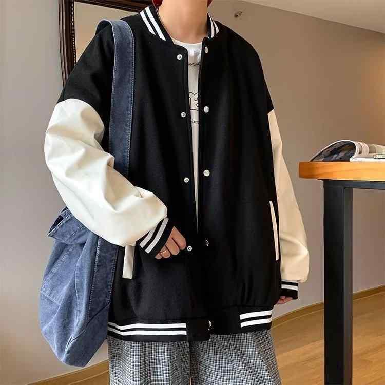 ジャケット メンズ 秋物 ブルゾン スタジャン 韓国 カジュアル スポーツウェア 配色 ポリエステル ブラック(x2)(4)