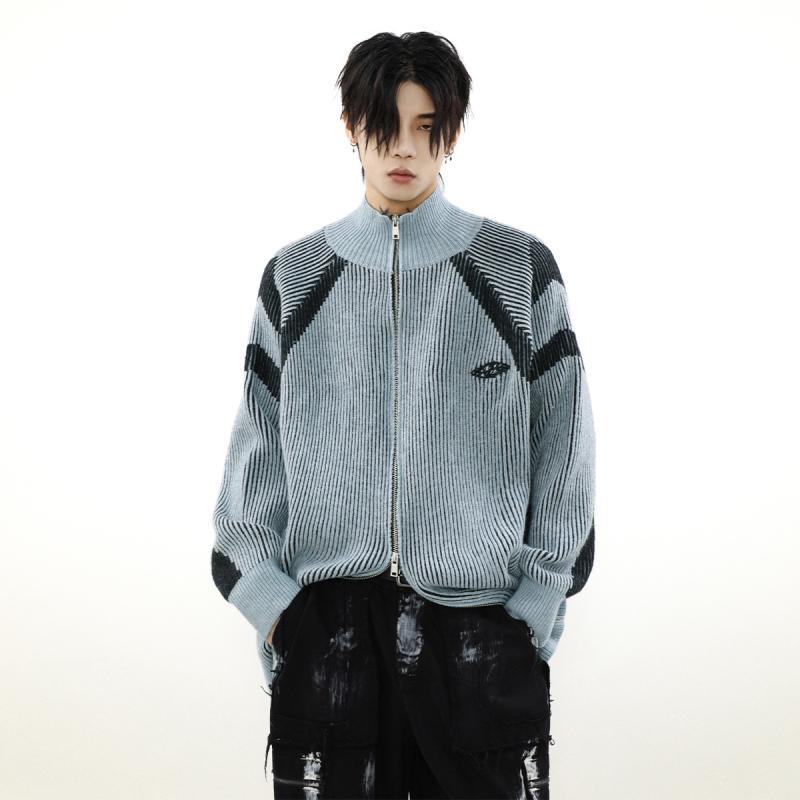 ニットカーディガン メンズ 配色 ストライプ柄 高襟 レトロ カジュアル カーディガン アウター トップス 羽織り ポリエステル ブルー ブラック ブラウン 秋冬