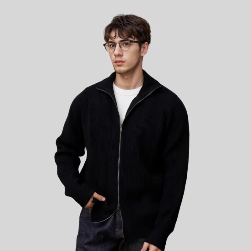 ニット メンズ カーディガン 秋冬 厚手 500G ウール ジップアップ セーター リブ裾 カジュアル 普段使い スプリングコート
