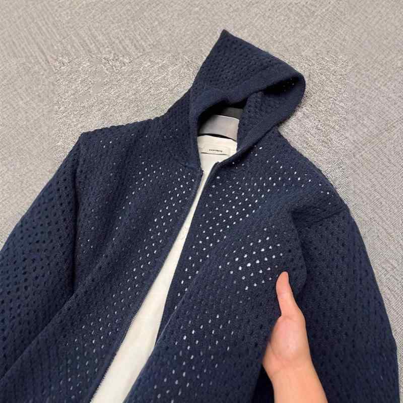 ニットカーディガン メンズ 春秋 ペアルック ジップアップ ニット アウター 長袖 パーカー 穴あき加工 ブラック 紺色 グレー