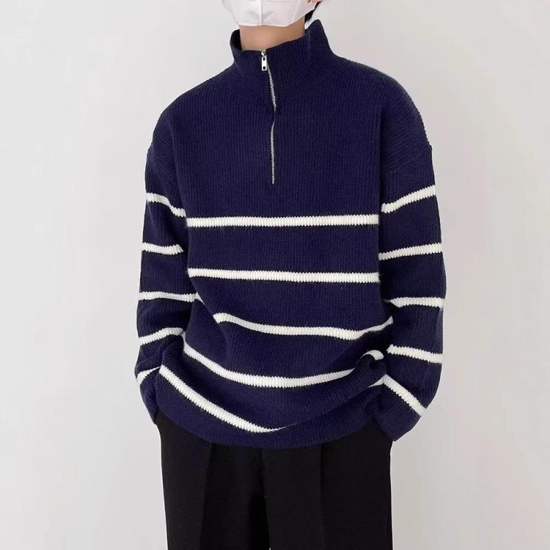 ニット メンズ タートルネック プルオーバー 秋冬 長袖 配色 ストライプ 伸縮性 ポリエステル 普段使い トップス