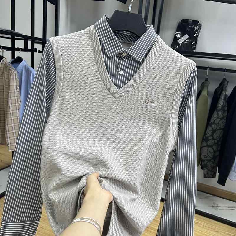 ニット メンズ ニットシャツ 襟付き 長袖 プルオーバー スリムフィット ポリエステル混紡 カジュアル カーキ(x5)