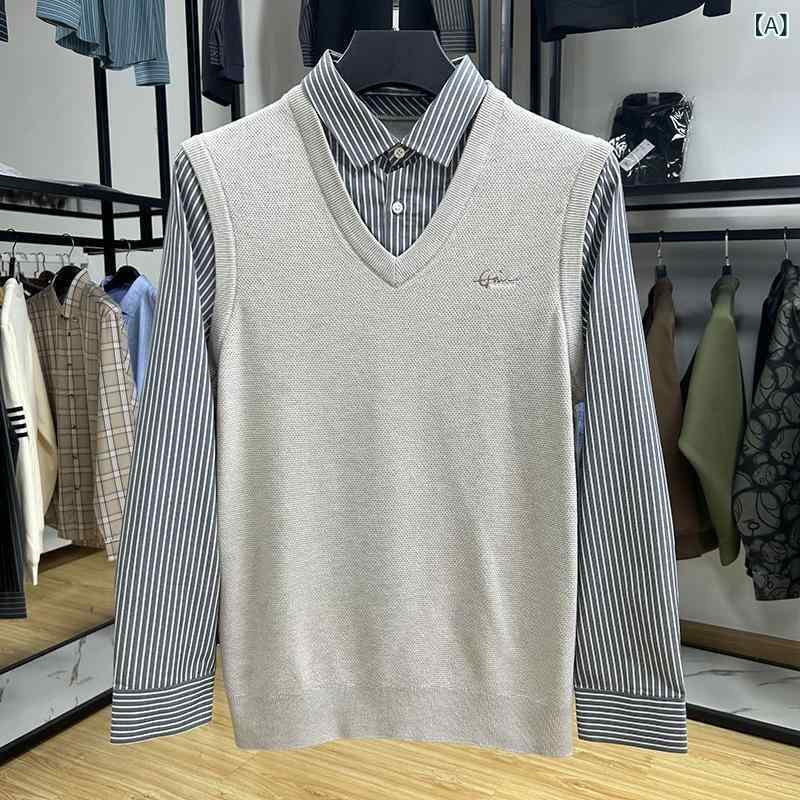 ニット メンズ ニットシャツ 襟付き 長袖 プルオーバー スリムフィット ポリエステル混紡 カジュアル カーキ(x5)