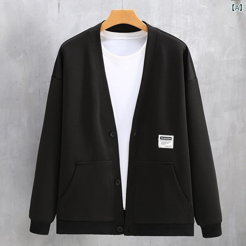 ニット メンズ カーディガン 大きいサイズ Vネック 無地 長袖 伸縮性 聚酯纤维 普段使い 春秋 黒 ブラック系