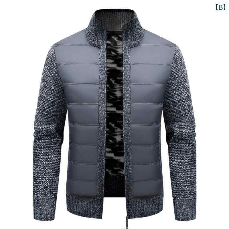 ニット メンズ カーディガン 裏起毛 長袖 立襟 配色 リブ 裾 秋冬 暖かい ポリエステル