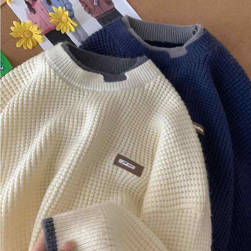 ニット メンズ ニットトップス 秋冬 厚手 韓国 インスタ風 ラベル クルーネック セーター ゆったり 普段使い 紺色 コーヒー色 オフホワイト ダークグレー