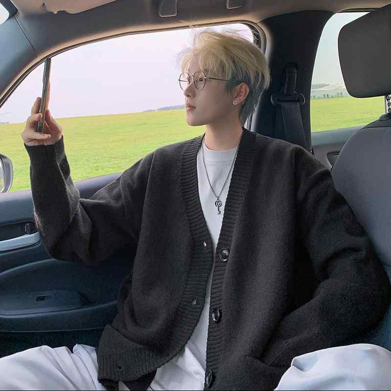 カーディガン メンズ ニット カーディガン 秋冬 韓国 Vネック セーター 長袖 トップス 羽織り ゆったり 普段使い カジュアル 無地 ポリエステル ミディアム丈