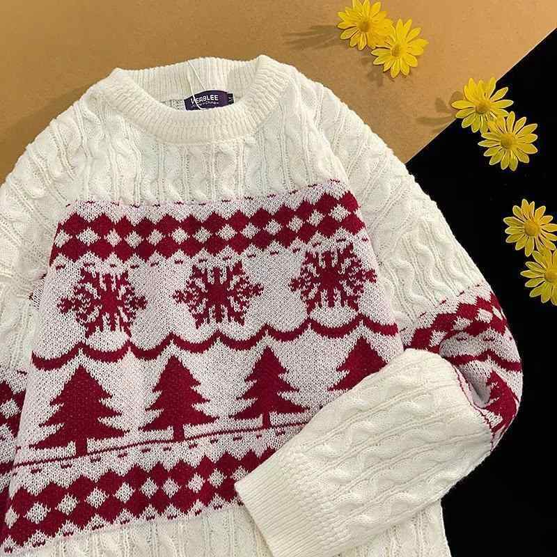 ニット メンズ 秋冬 クリスマス セーター クルーネック ケーブル編み リブ袖口 裾 宽松 白 赤