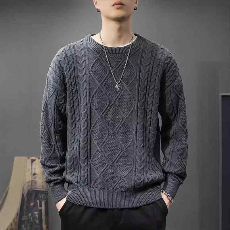 ニット メンズ 春秋 麻混風 セーター 丸首 プルオーバー 宽松 無地 トップス 長袖 カジュアル 韓国 ブラック グレー(x2)