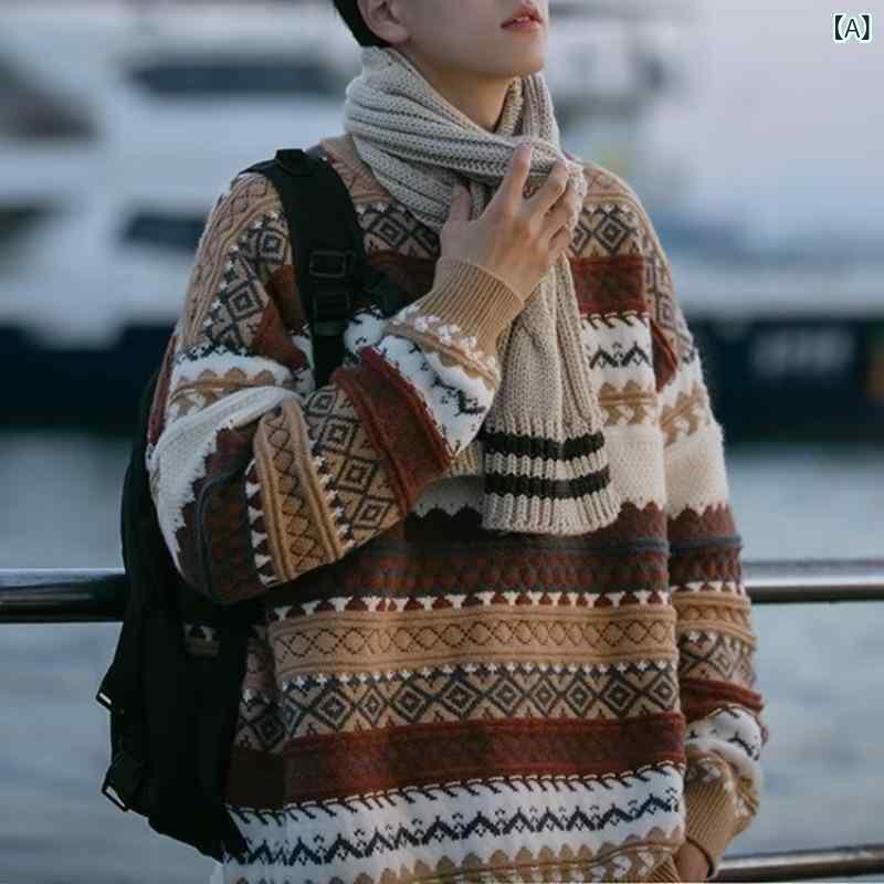 ニット メンズ 秋冬物 セーター レトロ ストライプ柄 ゆったり オーバーサイズ 丸首 プルオーバー 普段着 部屋着 暖か