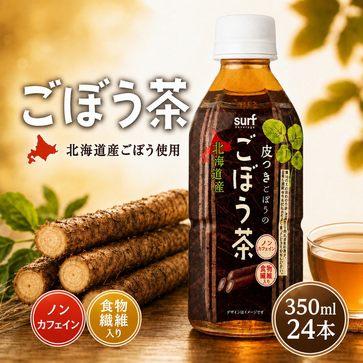 【ごぼう茶350ml の商品詳細】 ●こだわりのごぼうを使用し、栄養面を強化。日々の健康をサポート。 ●従来のごぼう感を残しつつ、甘さとコクがアップ。 ●食物繊維を添加。 ●皮付きの北海道産ごぼうをそのまま100％使用。 【ごぼう茶350ml の原材料】 食物繊維(フランス製造)、焙煎ごぼう/ビタミンC、乳化剤 【栄養成分】(製品100ml当たり) エネルギー・・・5kcal たんぱく質・・・0g 脂質・・・0g 炭水化物・・・2.0g -糖質・・・0.30g -食物繊維・・・1.7g 食塩相当量・・・0.01g 単品JAN：4939505130829 ケースJAN：4939505930825 【賞味期限（メーカー設定：未開封）】 製造後：12か月 【その他】 リニューアルに伴い、パッケージ・内容等予告なく変更する場合がございます。予めご了承ください。 【発売元、製造元、輸入元又は販売元】 会社名：株式会社サーフビバレッジ 住所：〒151-0051 東京都渋谷区千駄ヶ谷3-60-10 お問合せ電話番号：0120-141-322